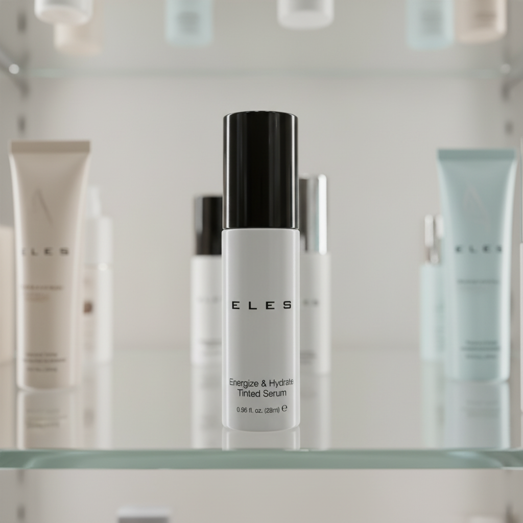 ELES skincare serum bottle on a shelf with a mirror background