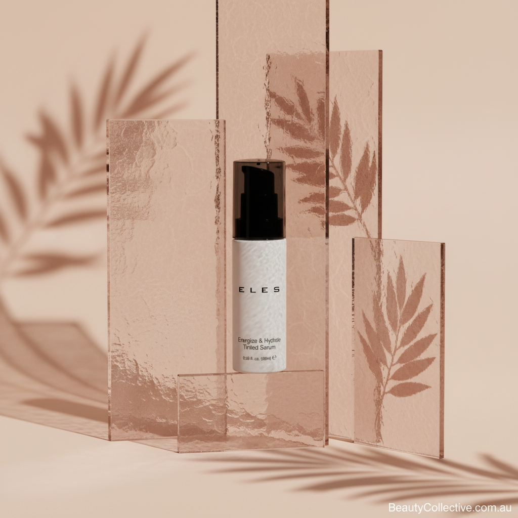 Skincare bottle with 'ELES' branding on a pink background with leaf shadows