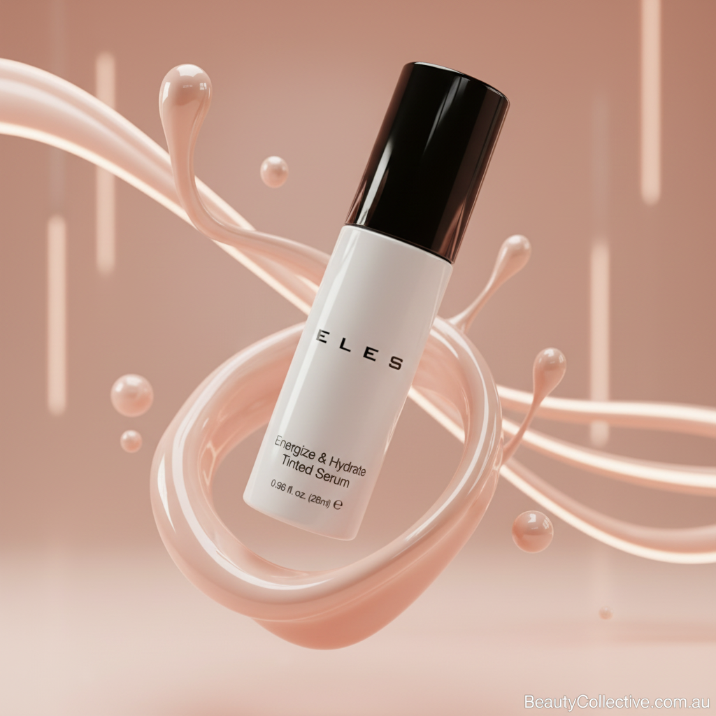 ELES skincare serum bottle on a pink background with decorative elements