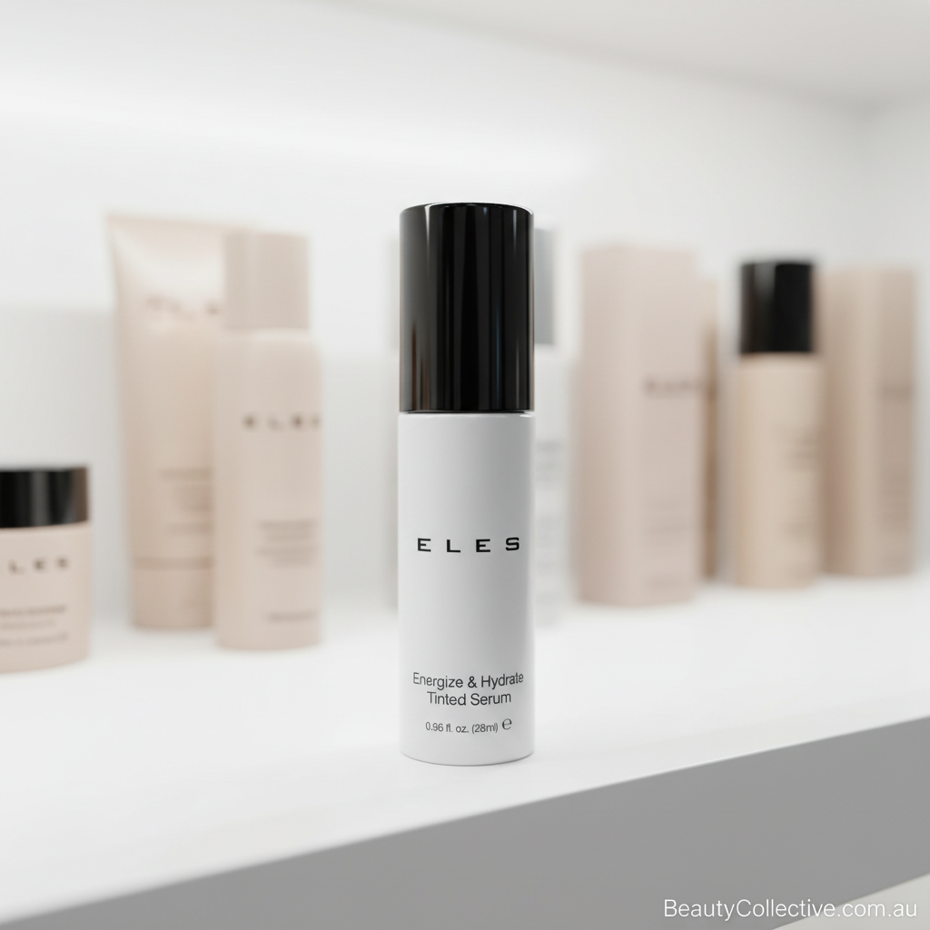 Skincare serum bottle with 'ELES' branding on a white shelf.