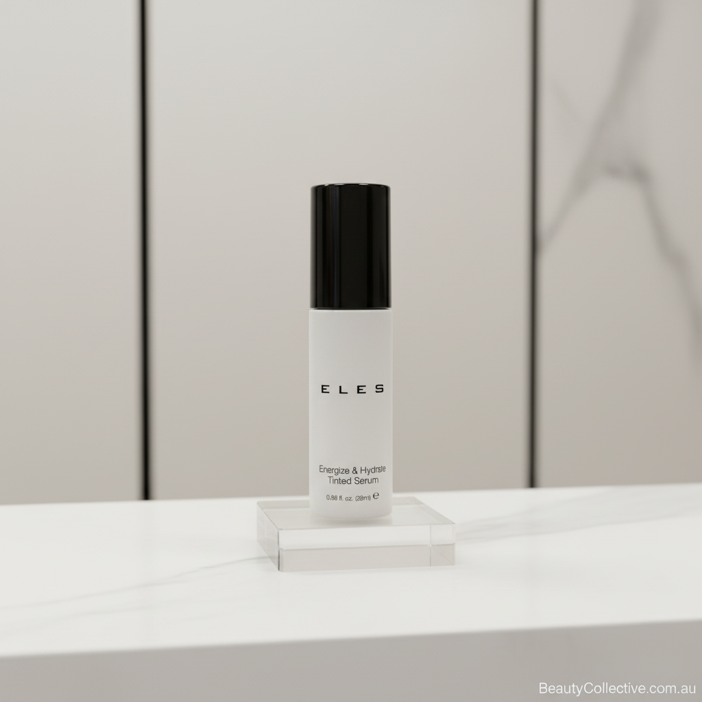 Skincare bottle with black cap and white label on a light gray background