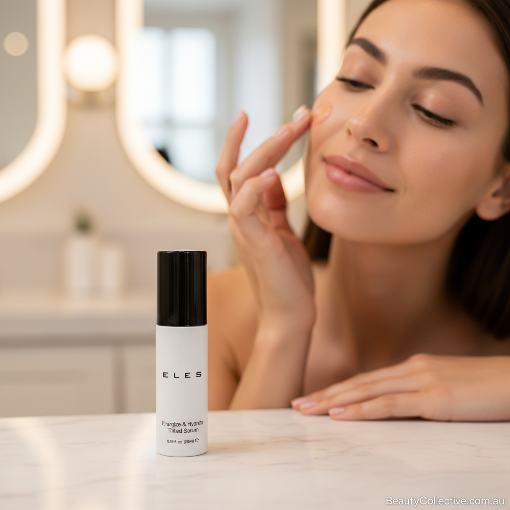 Woman applying skincare product with ELES serum bottle in foreground