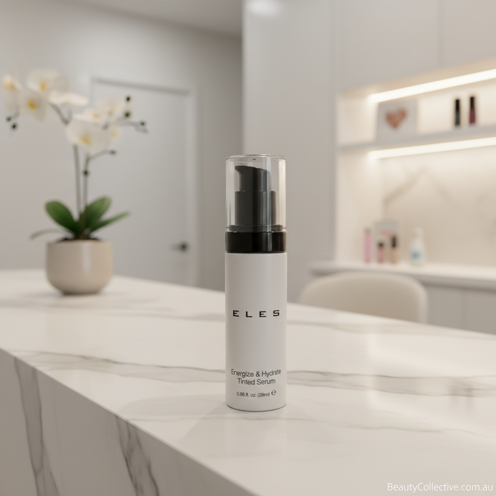 Skincare serum bottle on a counter with a blurred background