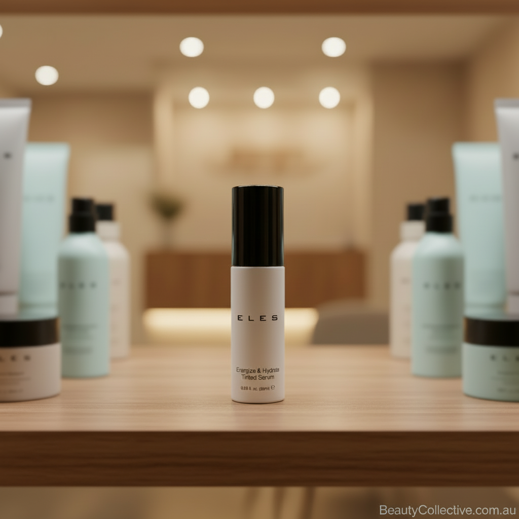 ELES skincare product on a wooden shelf with blurred background