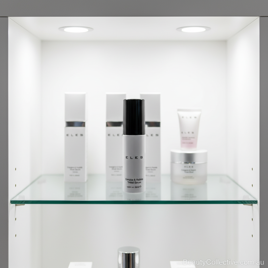 Cosmetic products on a glass shelf with a neutral background