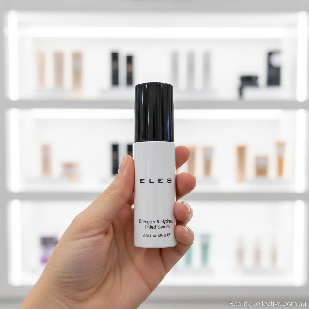 Hand holding a white serum bottle with black cap labeled 'ELES' against a blurred background of shelves with cosmetic products.
