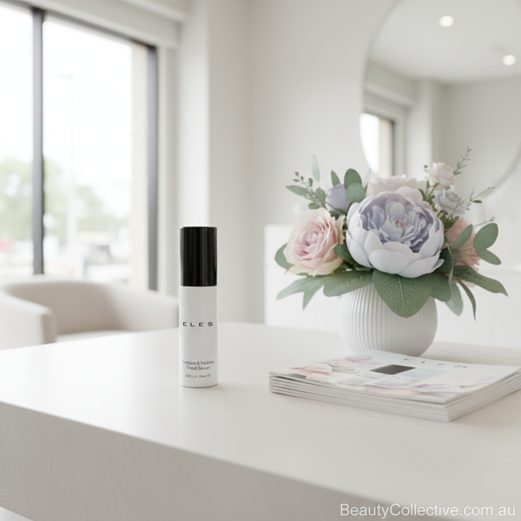 Skincare bottle on a table with flowers and a magazine in a bright room