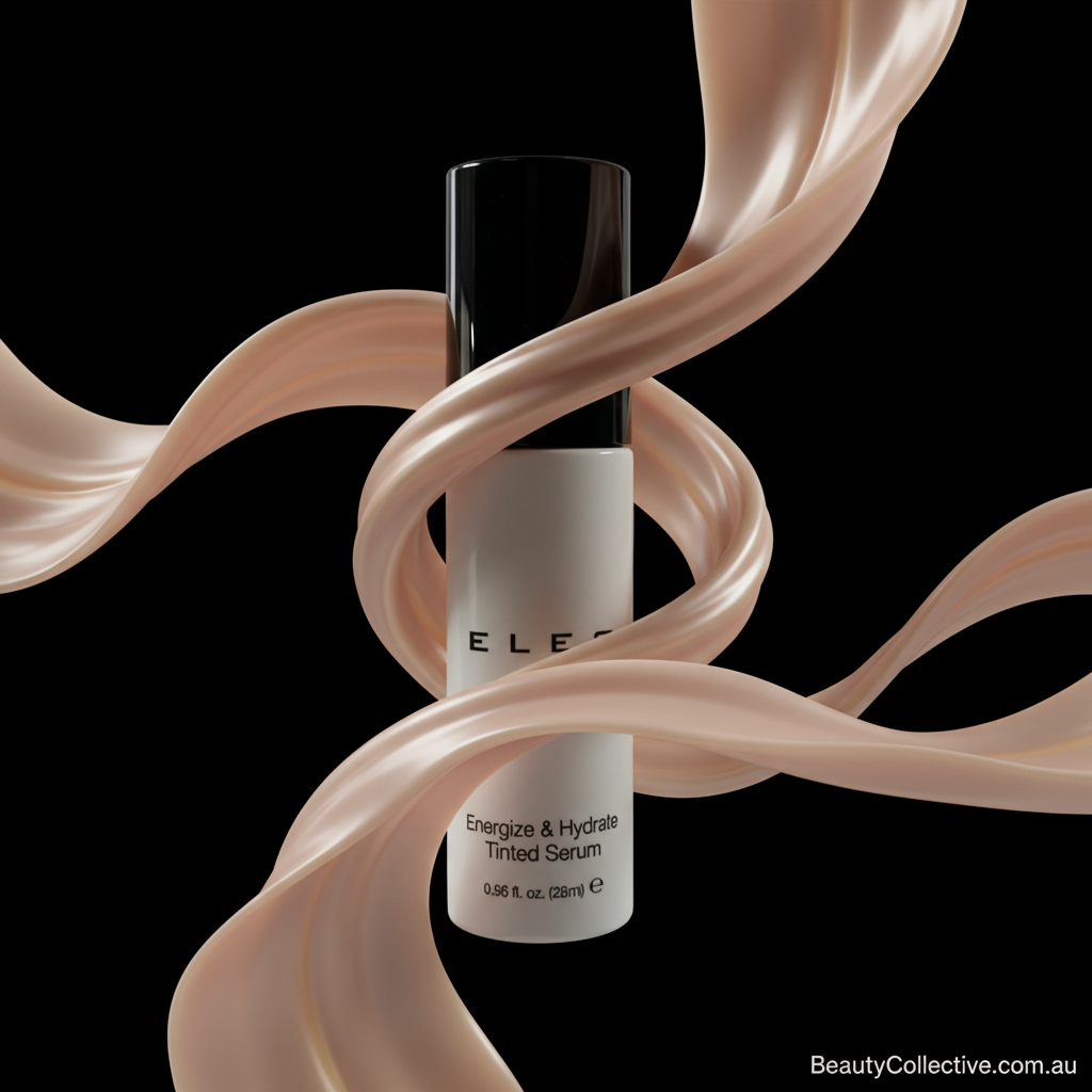 Skincare serum bottle with decorative ribbons on a black background