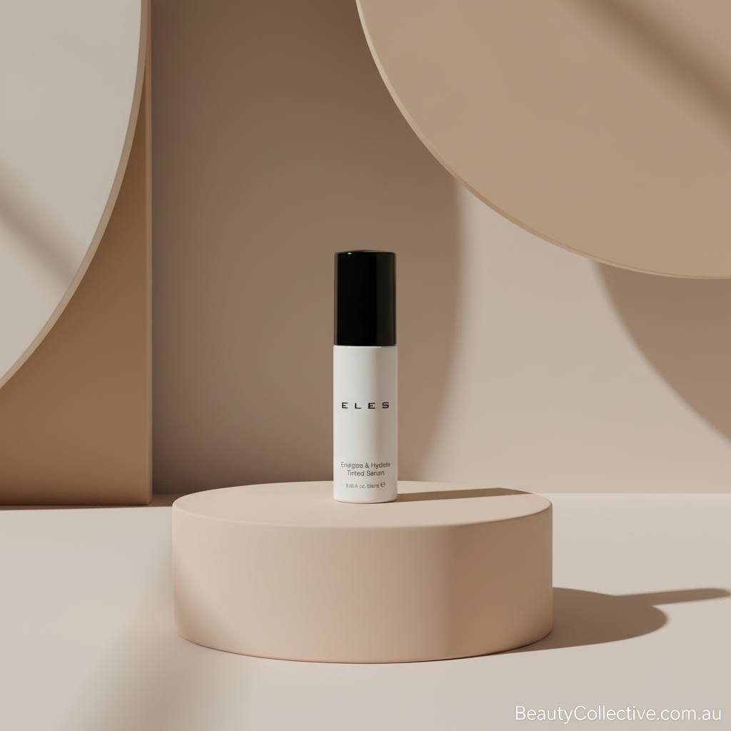 Skincare bottle on a beige pedestal with a neutral background