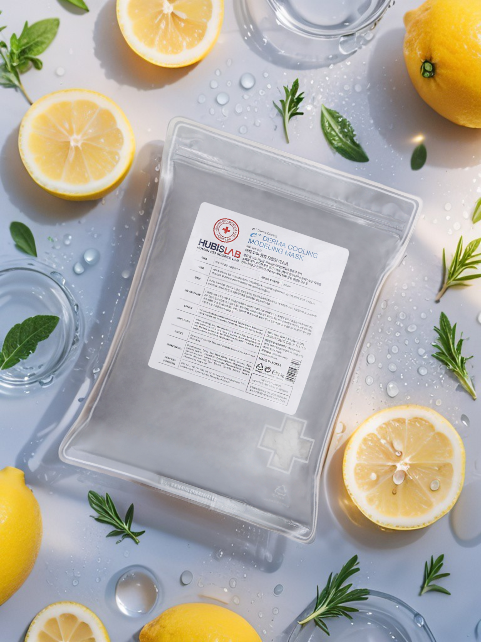 Hubislab e+ Epiderma Cooling Modeling Mask 1kg displayed in a premium white setting setting. Used for professional cooling mask protocols, post-treatment comfort and recovery-focused facial services.
