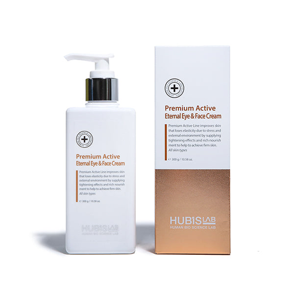Hubis Lab Premium Active Eternal Eye & Face Cream with pump bottle and packaging on a white background straight