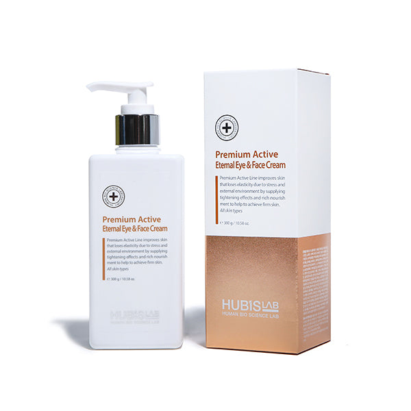 Hubis Lab Premium Active Eternal Eye & Face Cream with pump bottle and packaging on a white background