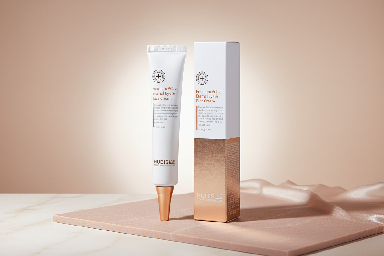 Tube and box of Hubis Lab Premium Active Eternal Eye & Face Cream on a white background