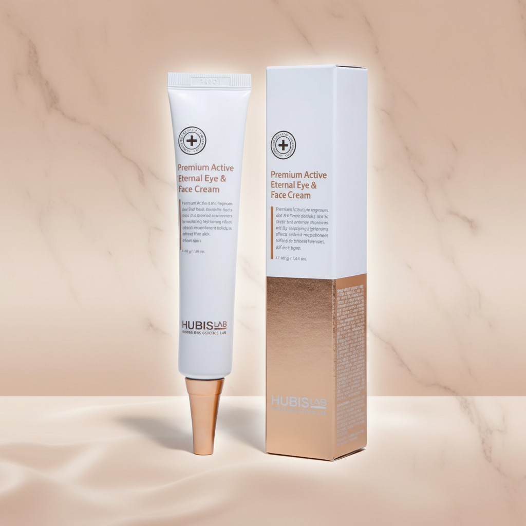 Tube and box of Hubislab Premium Active Eternal Eye & Face Cream on a colour background