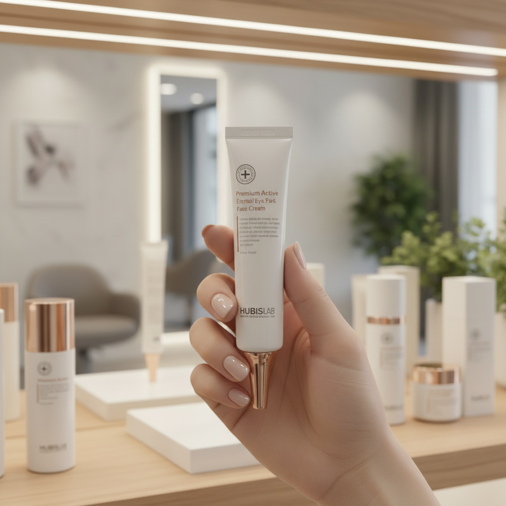Hand holding a skincare product with a blurred beauty salon background