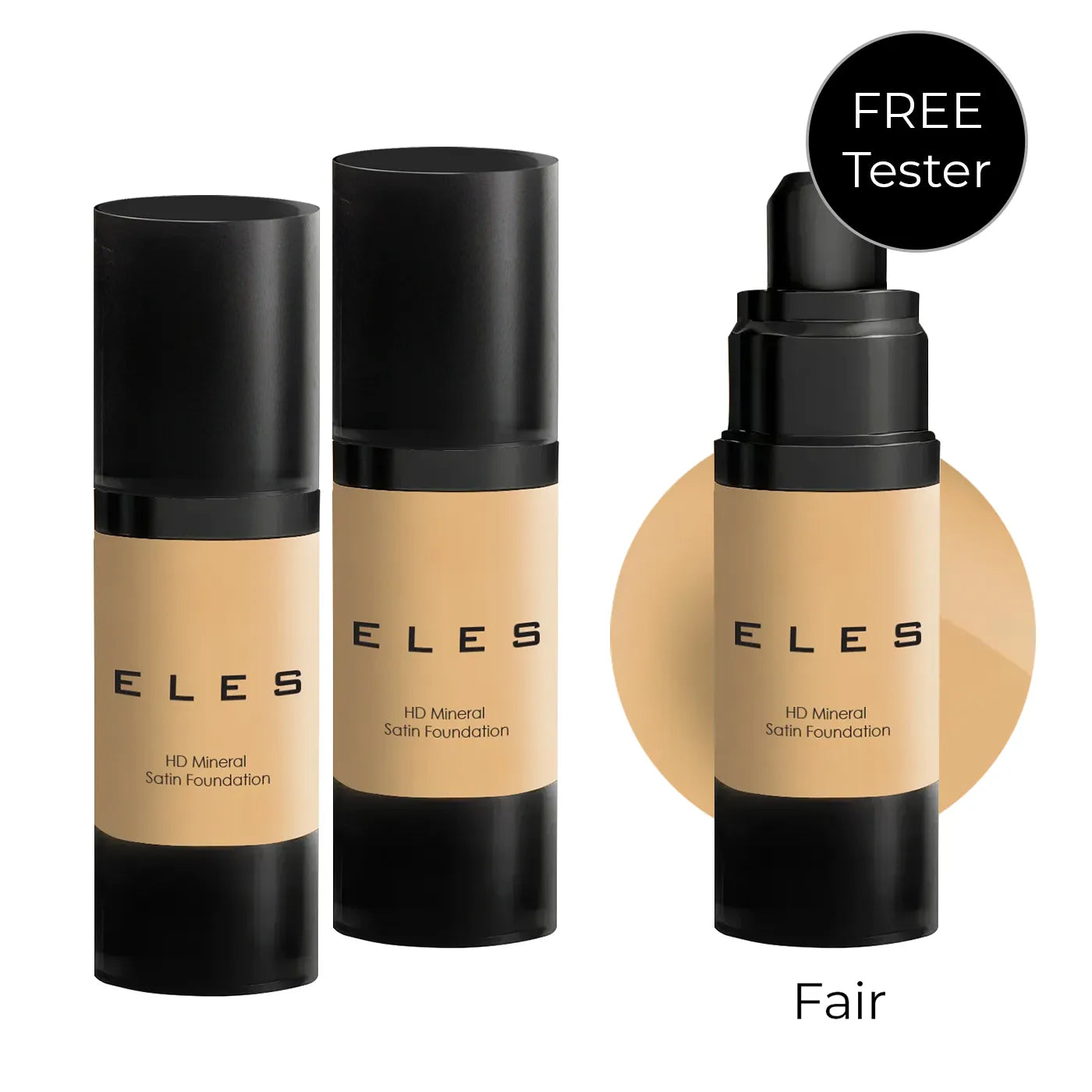 ELES HD Mineral Satin Foundation bottles with a free tester offer on a white background
