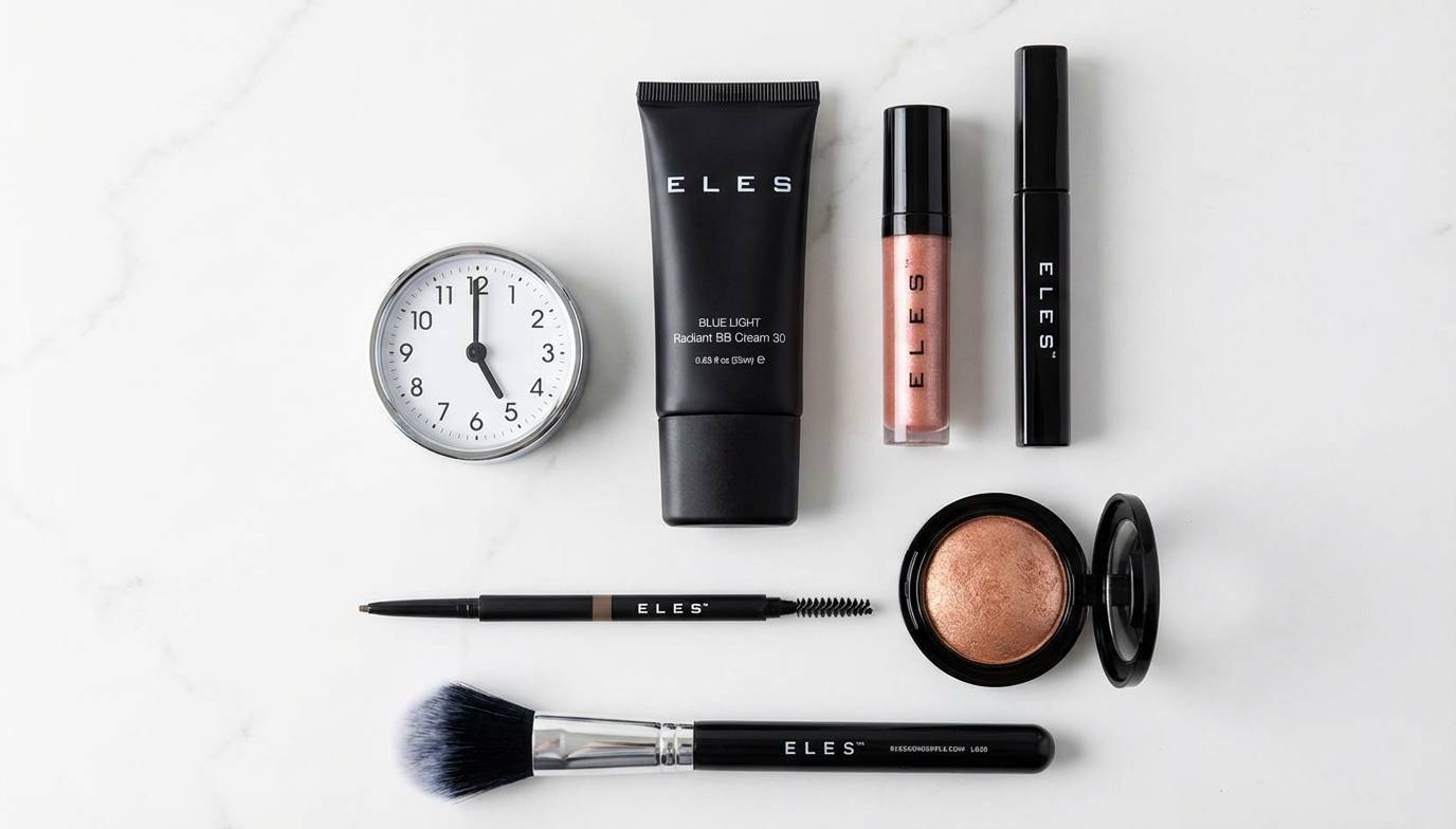 Makeup products including a clock, brushes, and cosmetic bottles on a white background with 'ELES' branding.
