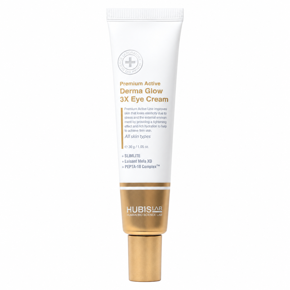HUBISLAB Premium Active Derma Glow 3X Eye Cream 30g — full tube on white