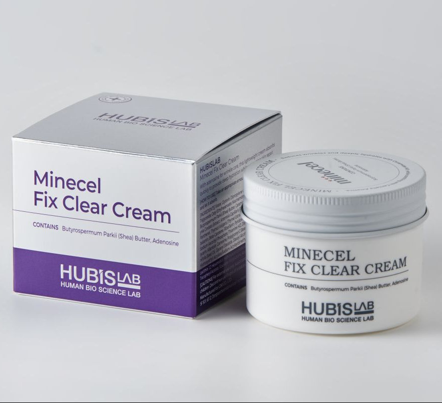 Hubislab Minecel Fix Clear Cream jar and packaging on a light gray background