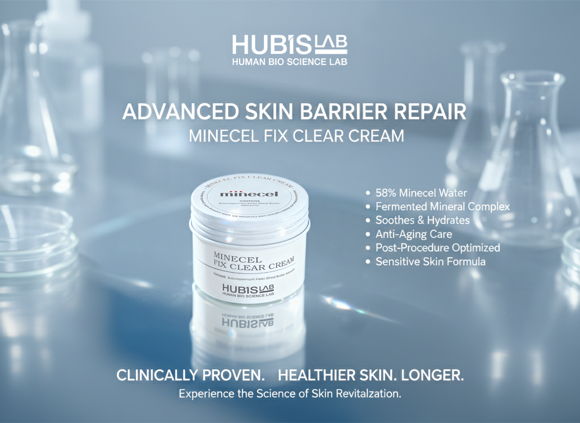 Hubis Lab Minecel Fix Clear Cream with product details on a blurred lab background