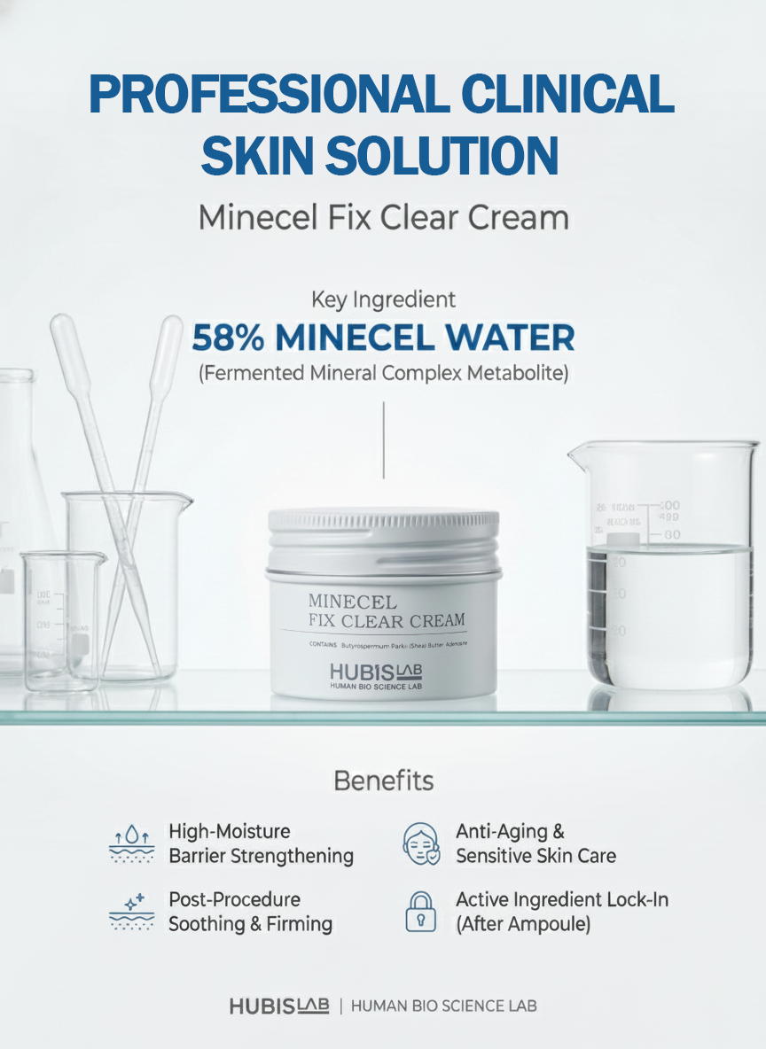 Hubislab Minecel Fix Clear Cream with key ingredients and benefits on a white background