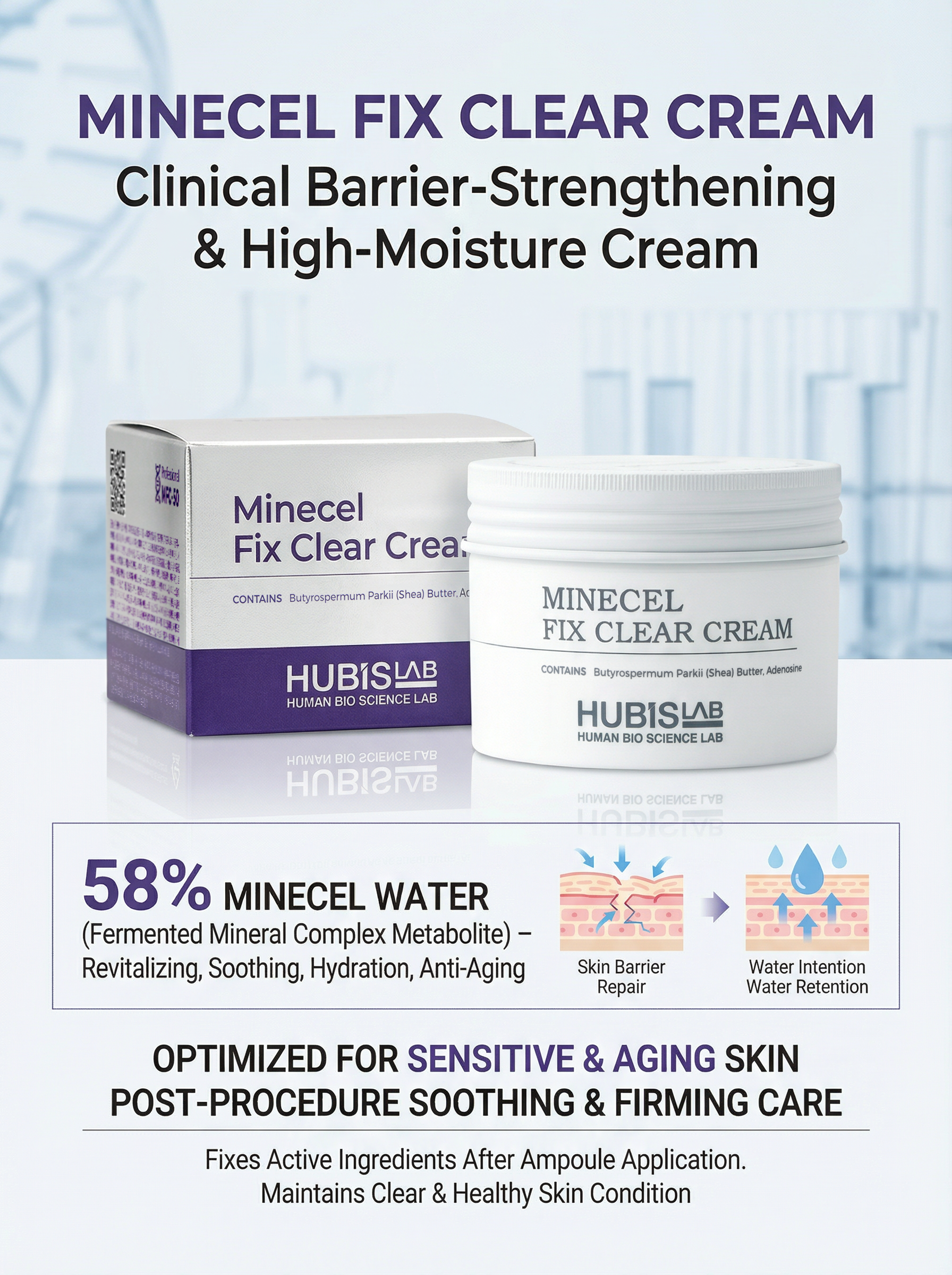 Hubislab Minecel Fix Clear Cream packaging with product details on a blurred background