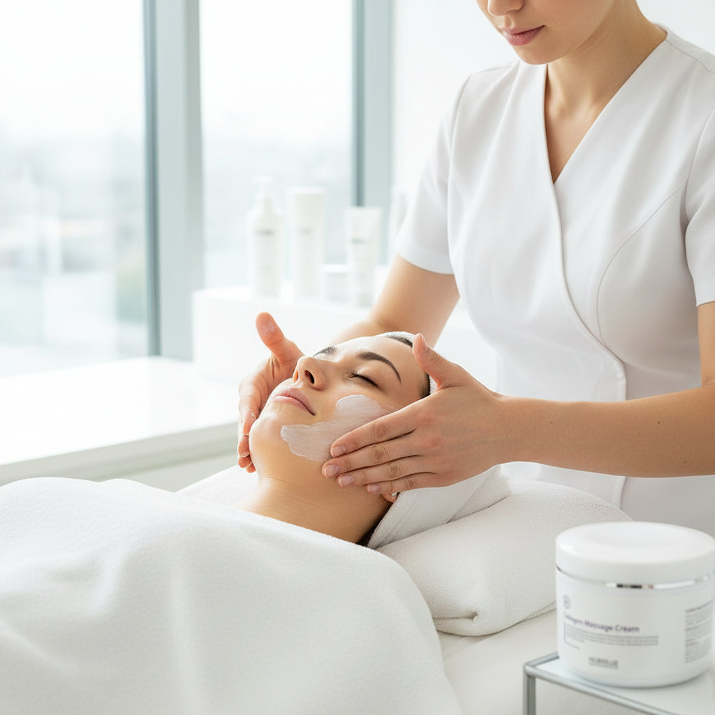 Hubislab Collagen Massage Cream used in facial massage in treatment room