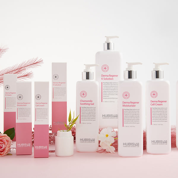 Hubislab_post_rays_line_Chamomile Soothing Gel_01 skincare products on a white background with pink accents