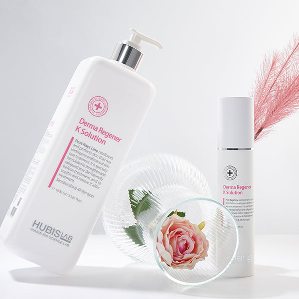 Two Hubislab post rays line skincare products with a close-up of a rose on a light gray background