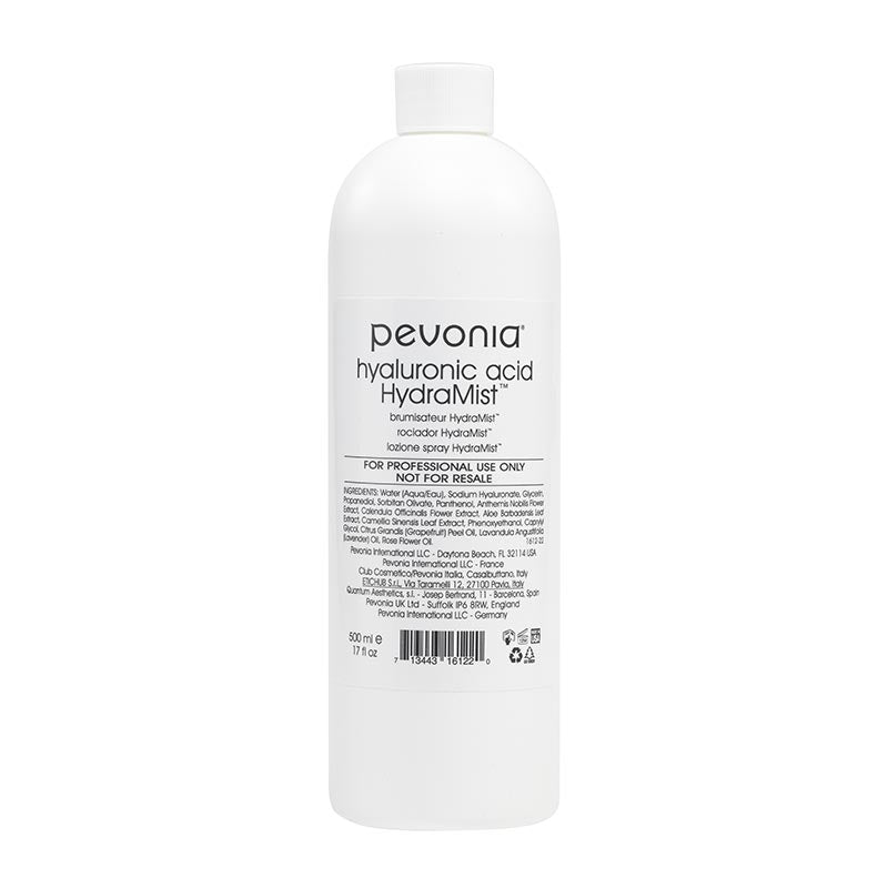 A white spray bottle labeled Pevonia hyaluronic acid HydraMist, designed for face and body use, with 500ml capacity.