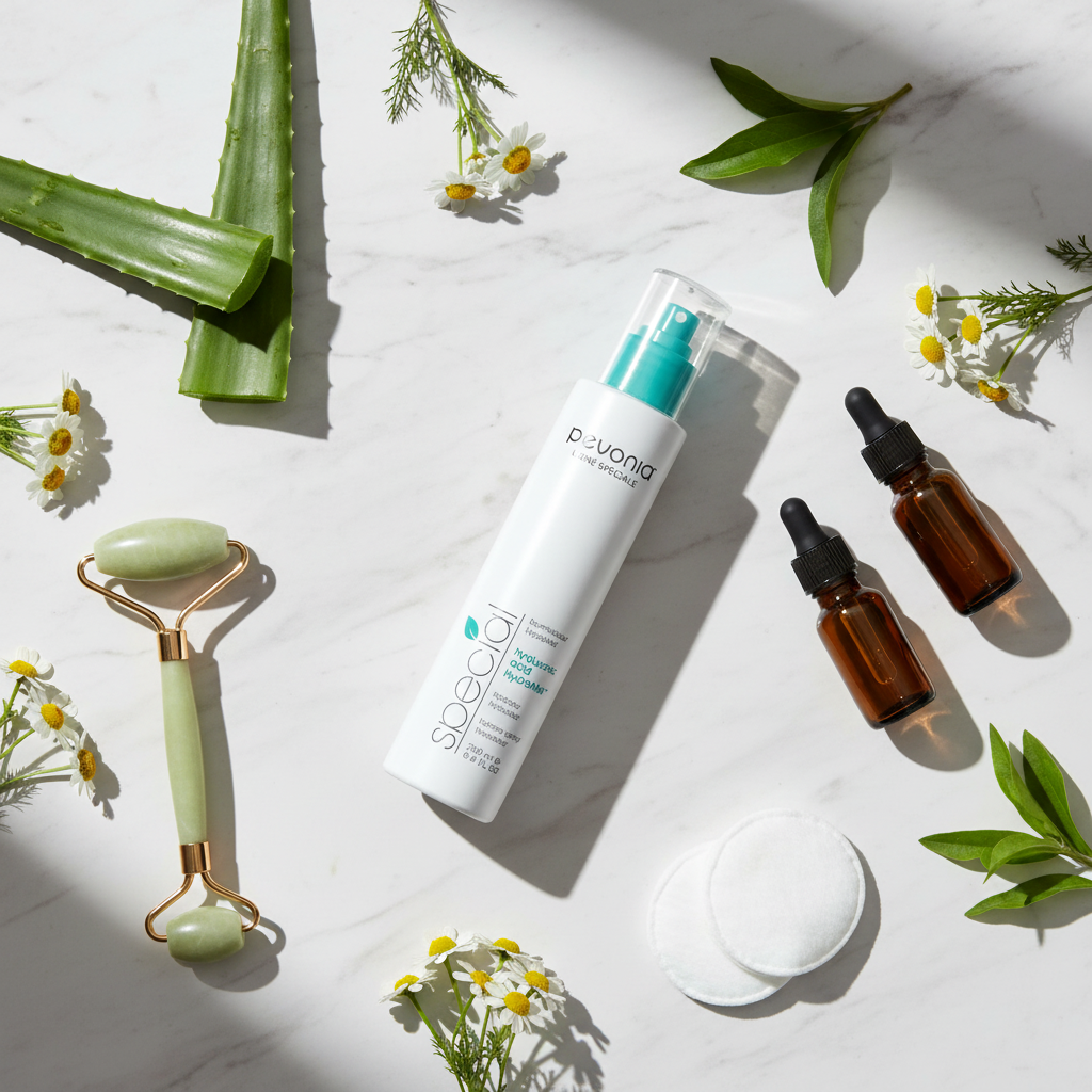 Skincare products including a roller, bottles, and aloe vera leaves on a light background