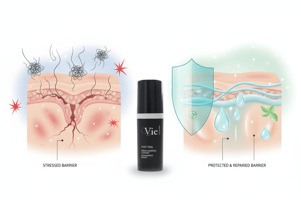 Cosmetic product with illustrations of skin barrier before and after use on a white background