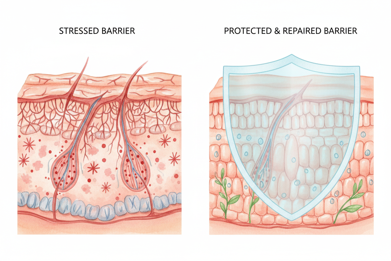 Illustration of a stressed skin barrier and a protected, repaired skin barrier.