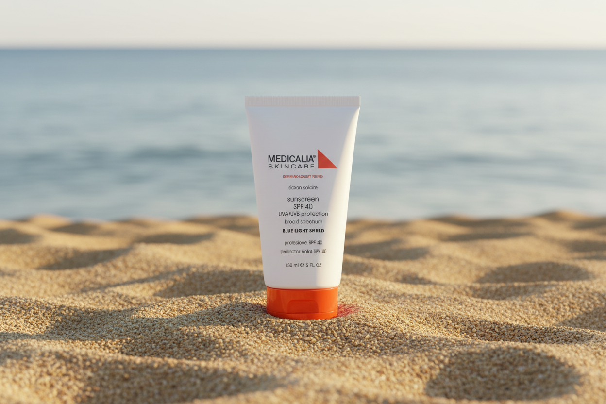 Tube of Medicalia sunscreen on a sandy beach with ocean in the background