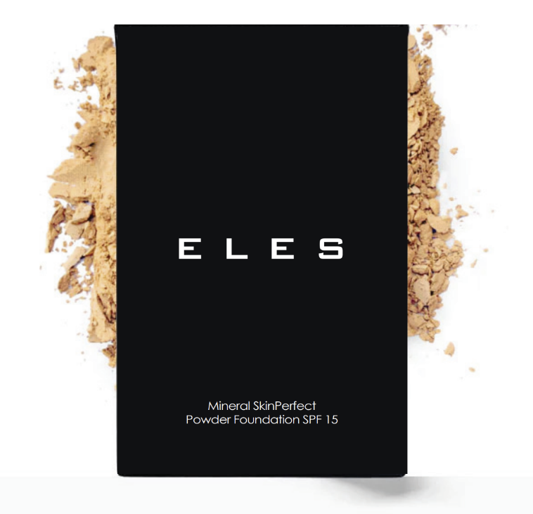 ELES mineral skin perfect powder foundation SPF 15 packaging with loose powder on a white background