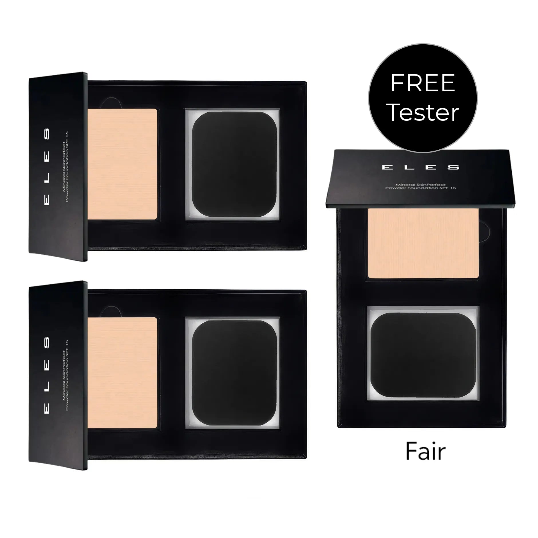Makeup compact with powder and mirror, labeled 'Fair' and 'Free Tester', on a white background.