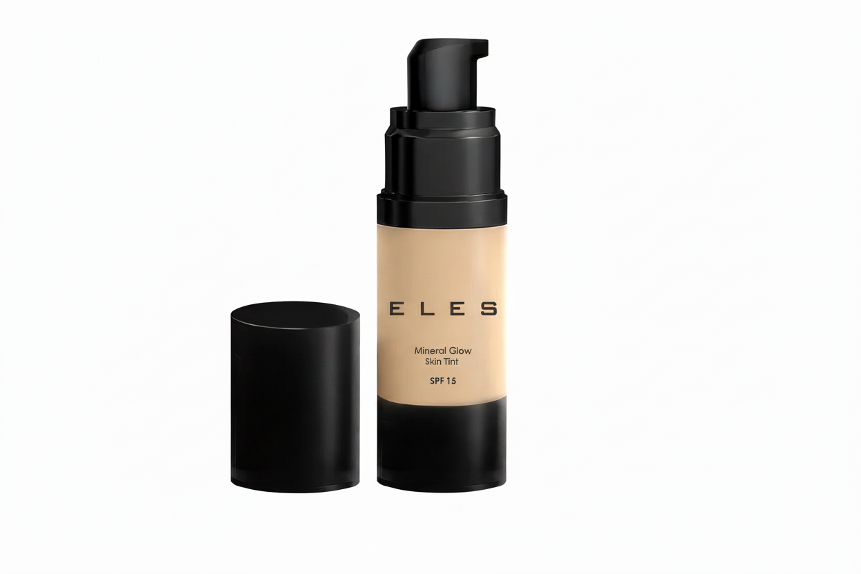 Foundation bottle with black cap and visible brand name on a white background