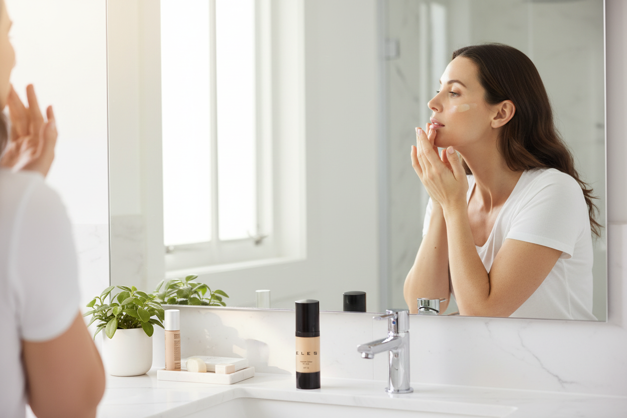 Woman applying makeup in front of a mirror in a bathroom.
