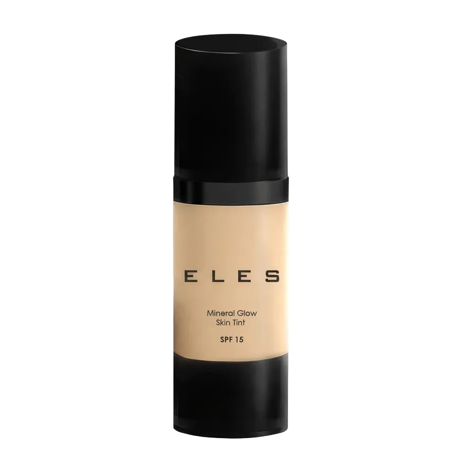 Foundation bottle with black cap and beige body on a white background