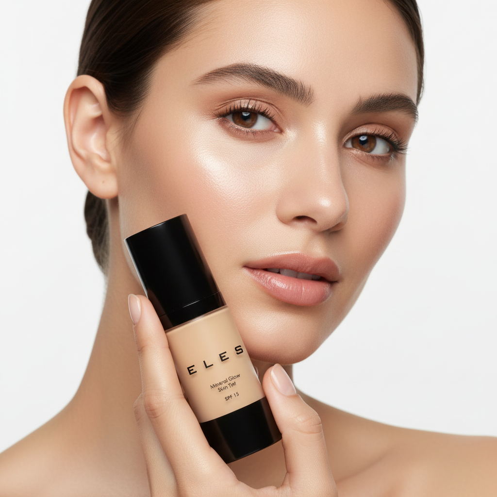 Woman holding a bottle of ELES foundation against a neutral background