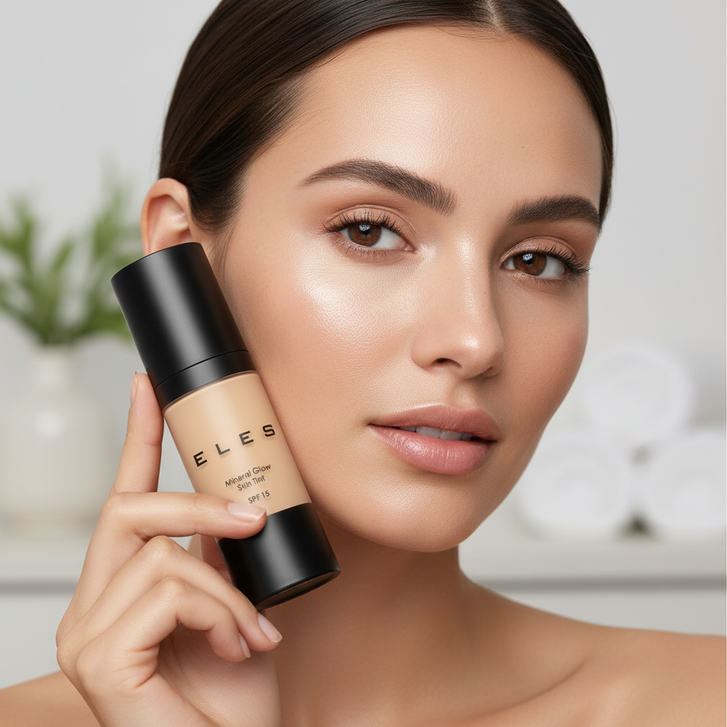 Woman holding a bottle of ELES foundation against a blurred background