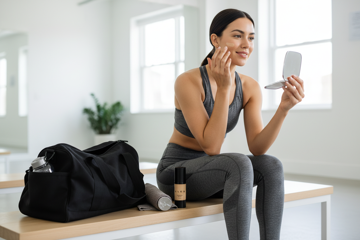 Woman in workout attire applying makeup in a bright room with a black bag and bottle on a bench.