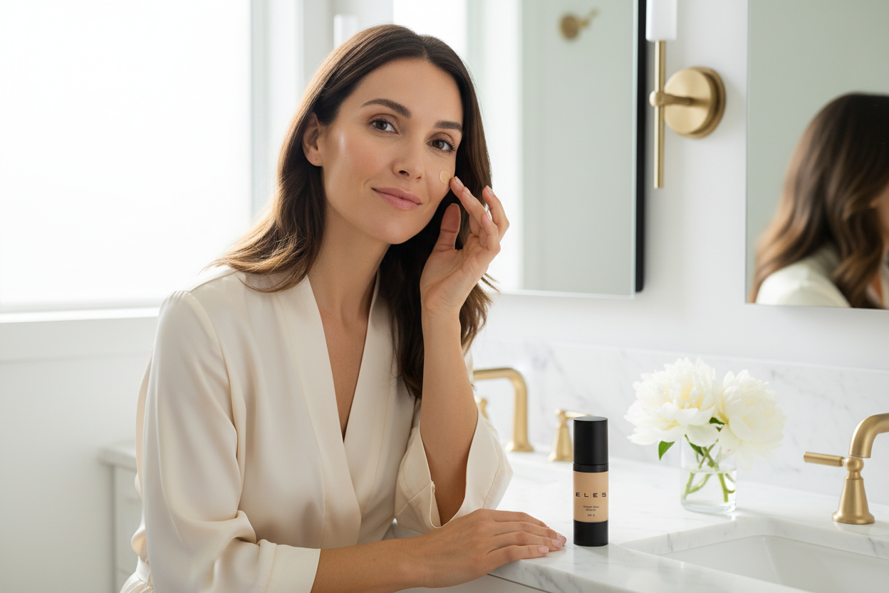 Woman applying skincare product in front of a mirror