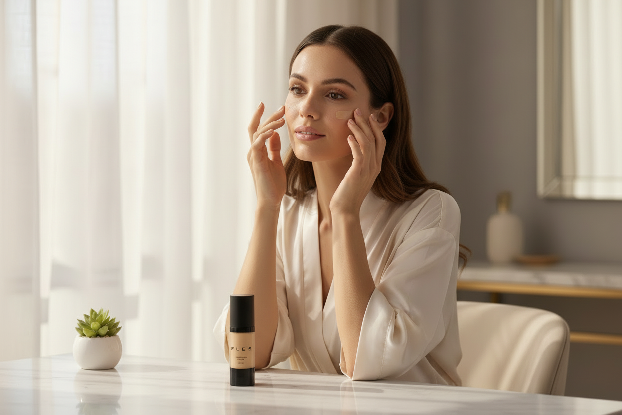 Woman applying makeup in a bright room with a neutral color scheme