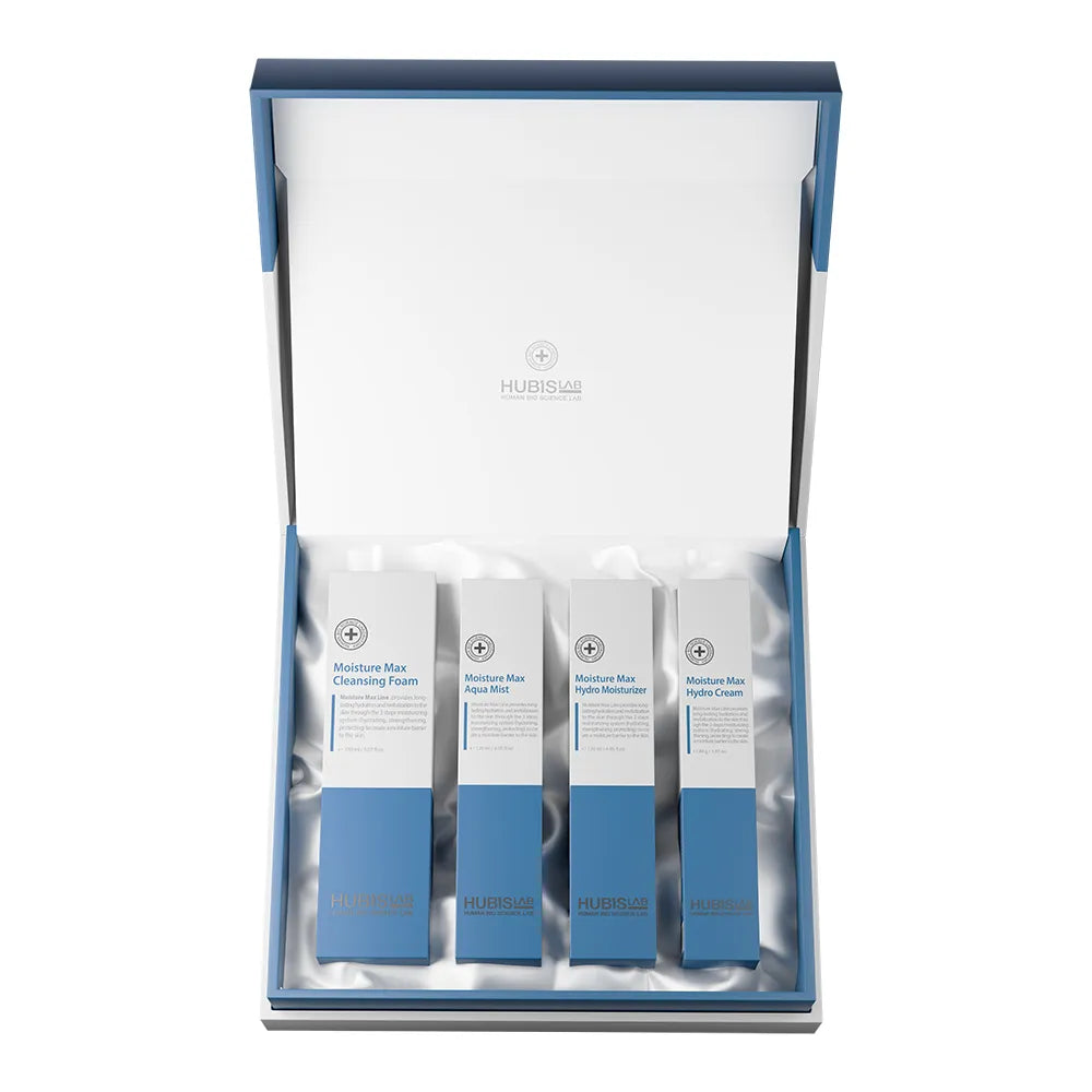 A HUBISLAB skincare gift set containing four Moisture Max products