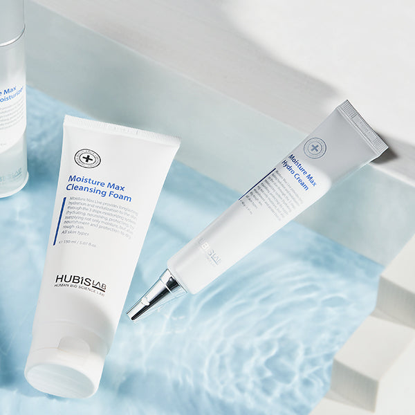 2 skincare products, 'Moisture Max Cleansing Foam' and 'Moisture Max Hydro Cream', on a light blue water background.