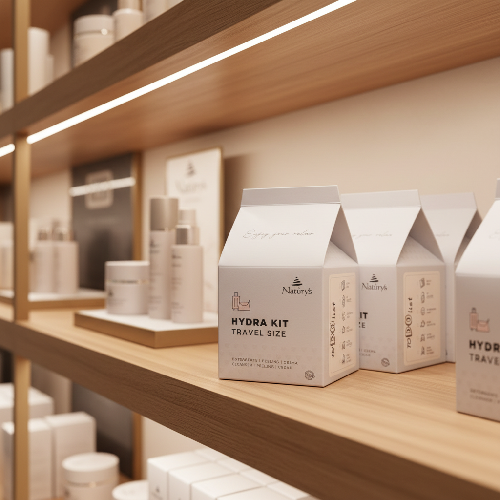 Natura's Hydra Kit travel size boxes on a wooden shelf with blurred background