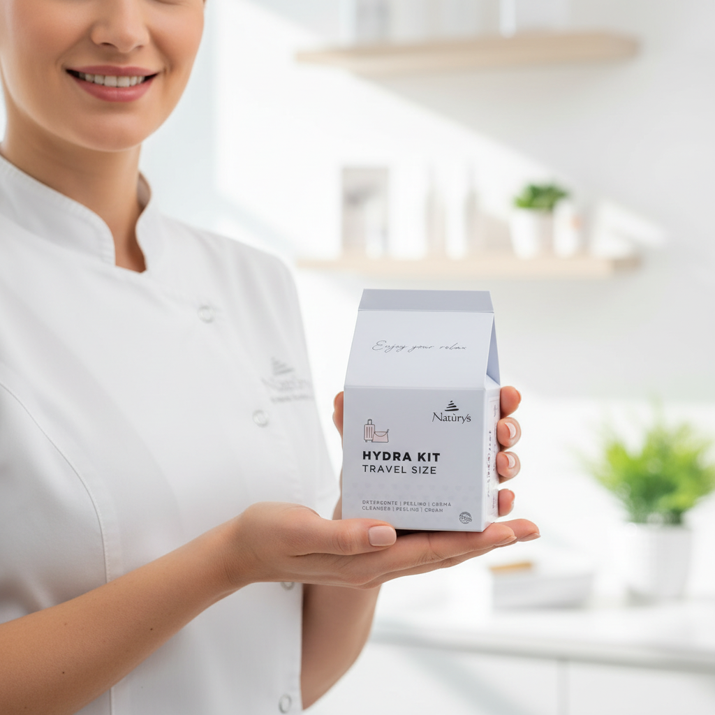 Person holding a Natura+ Hydra Kit travel size box in a blurred indoor setting