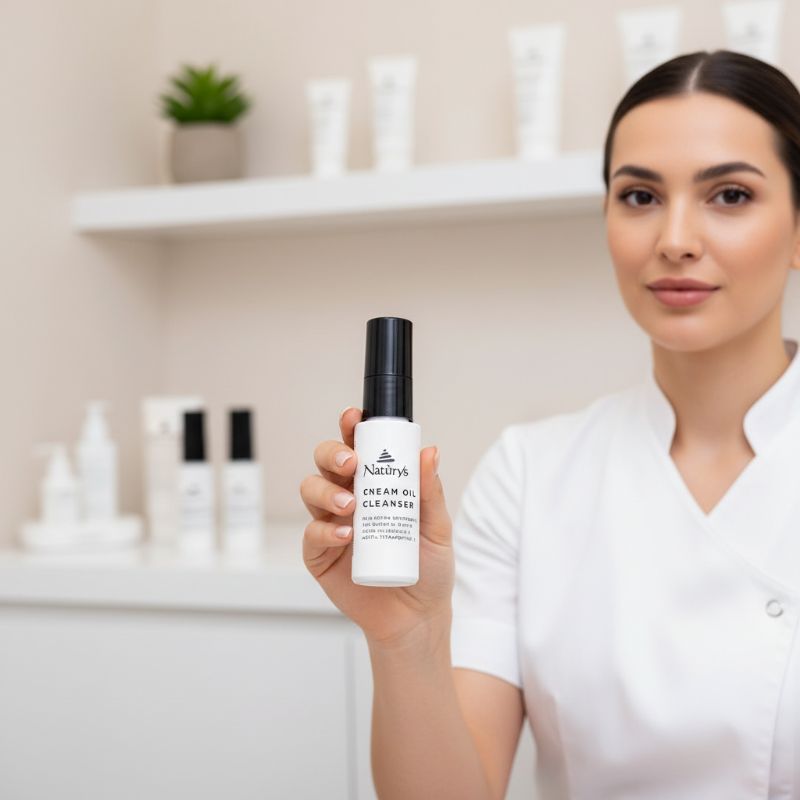 Woman holding a bottle of Natura cream oil cleanser in a clinical setting.
