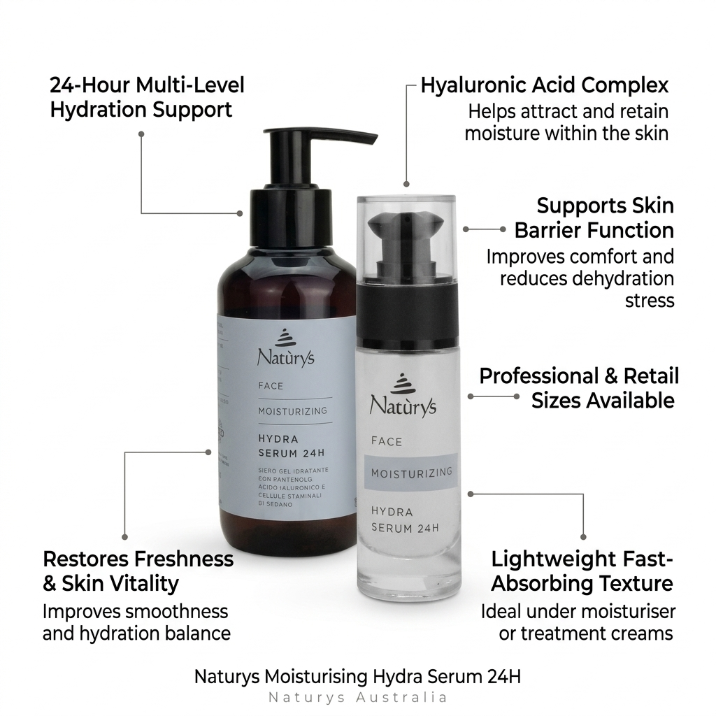 Two bottles of Nature's Face Moisturizing Hydra Serum 24H with text highlighting features on a white background.